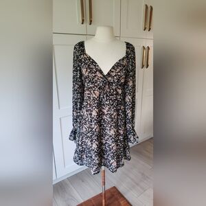 Dress Forum Black Floral Long Sleeve Sundress S Cold Shoulders Smocked Flowy